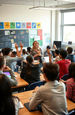 A vibrant classroom filled with diverse students engaged in a lively discussion about technology