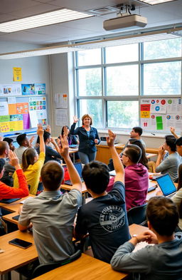 A vibrant classroom filled with diverse students engaged in a lively discussion about technology