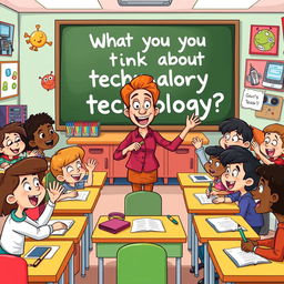 A whimsical cartoon classroom filled with cartoonish, diverse students animatedly discussing technology