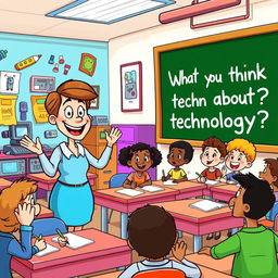 A whimsical cartoon classroom filled with cartoonish, diverse students animatedly discussing technology