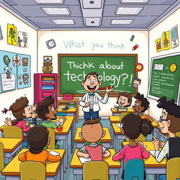 A whimsical cartoon classroom filled with cartoonish, diverse students animatedly discussing technology