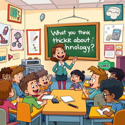 A whimsical cartoon classroom filled with cartoonish, diverse students animatedly discussing technology