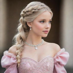 A blonde princess with intricately braided hair, adorning a beautiful pink gown