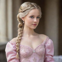 A blonde princess with intricately braided hair, adorning a beautiful pink gown