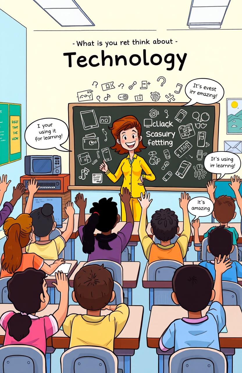 A vibrant cartoon illustration of a colorful classroom filled with diverse students sitting at their desks, all engaged and raising their hands excitedly