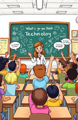 A vibrant cartoon illustration of a colorful classroom filled with diverse students sitting at their desks, all engaged and raising their hands excitedly