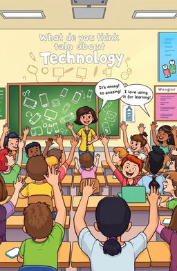 A vibrant cartoon illustration of a colorful classroom filled with diverse students sitting at their desks, all engaged and raising their hands excitedly