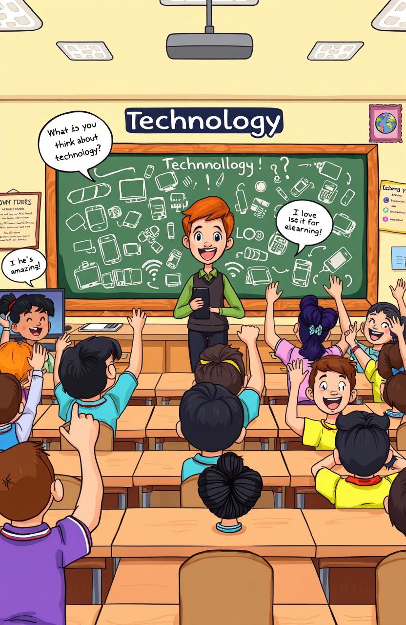 A vibrant cartoon illustration of a colorful classroom filled with diverse students sitting at their desks, all engaged and raising their hands excitedly