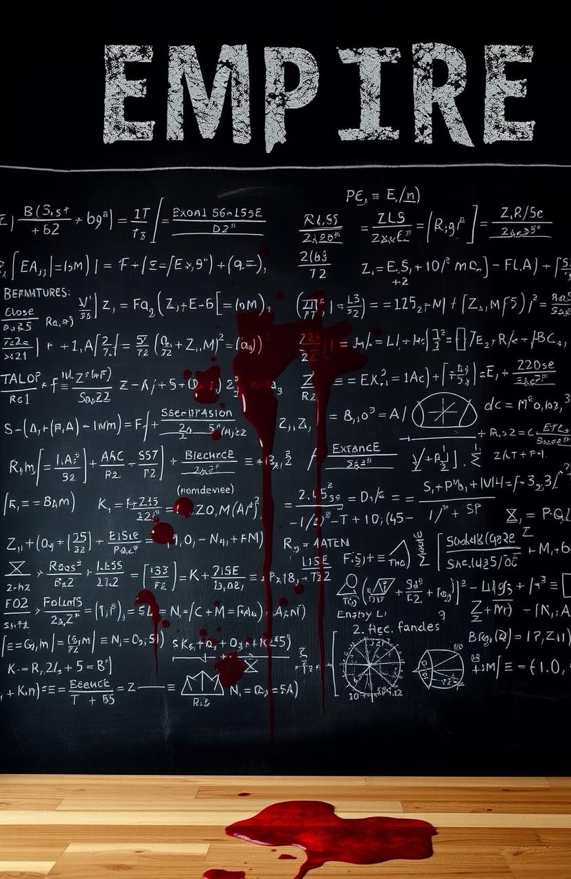 A chalkboard filled with complex mathematical equations and operations, stained with patches of red blood