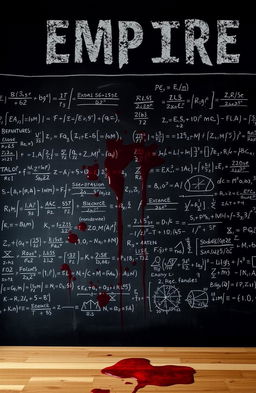 A chalkboard filled with complex mathematical equations and operations, stained with patches of red blood