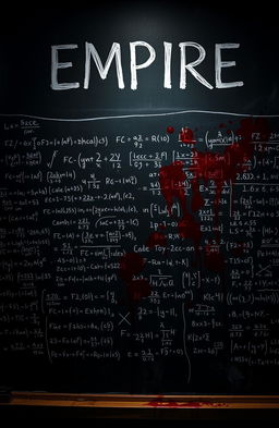 A chalkboard filled with complex mathematical equations and operations, stained with patches of red blood