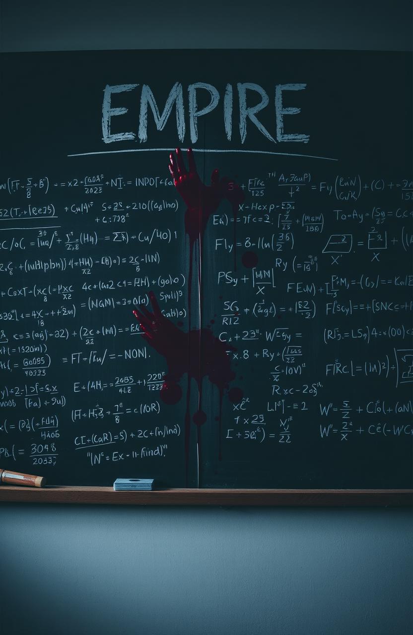 A chalkboard filled with complex mathematical equations and operations, stained with patches of red blood