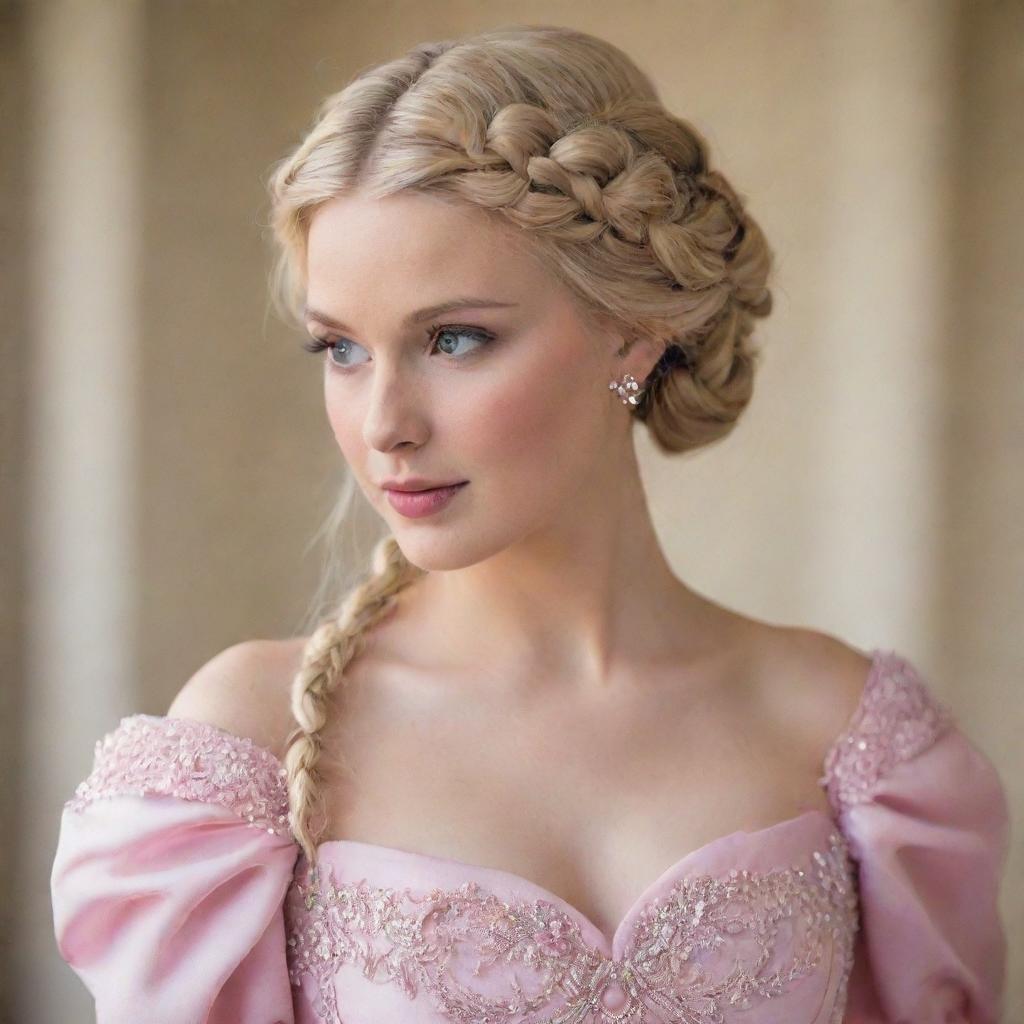 A blonde princess with intricately braided hair, adorning a beautiful pink gown