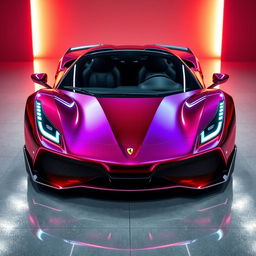 A stunning sports car design that seamlessly blends the front form of a Ferrari with the rear of a Lamborghini, featuring a glossy metallic finish that exudes luxury