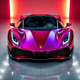 A stunning sports car design that seamlessly blends the front form of a Ferrari with the rear of a Lamborghini, featuring a glossy metallic finish that exudes luxury