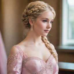 A blonde princess with intricately braided hair, adorning a beautiful pink gown