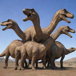 A spectacular sight of a dinosaur with seven heads, each bearing its unique characteristics but harmonizing together.