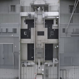 An aerial view of a state-of-the-art maximum-security penitentiary, featuring imposing walls, high-tech surveillance systems, and a complex layout.