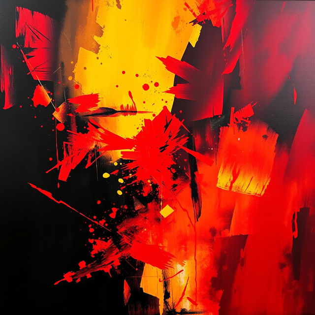 A captivating abstract art piece featuring bold strokes of red and yellow, blended together to create a vibrant yet moody atmosphere