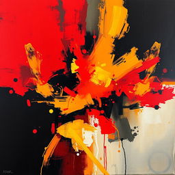 A captivating abstract art piece featuring bold strokes of red and yellow, blended together to create a vibrant yet moody atmosphere