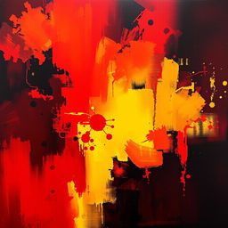 A captivating abstract art piece featuring bold strokes of red and yellow, blended together to create a vibrant yet moody atmosphere