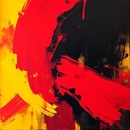 A captivating abstract art piece featuring bold strokes of red and yellow, blended together to create a vibrant yet moody atmosphere