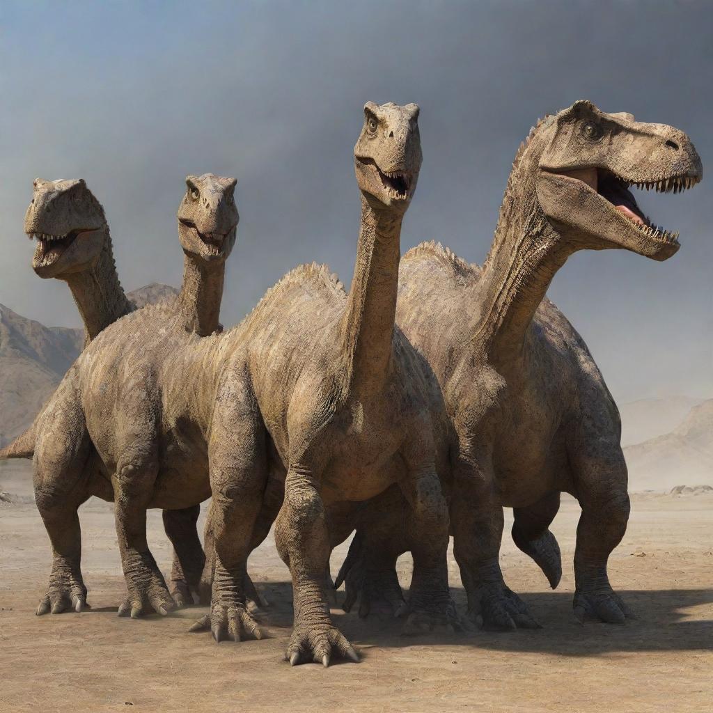 A spectacular sight of a dinosaur with seven heads, each bearing its unique characteristics but harmonizing together.