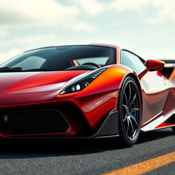 A hyper-realistic depiction of a sports car that merges the front design of a Ferrari with the rear of a Lamborghini, featuring a glossy metallic finish that enhances its luxurious appeal