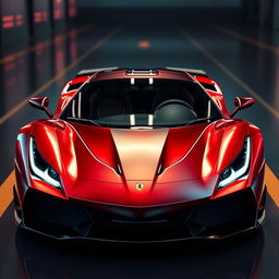 A hyper-realistic depiction of a sports car that merges the front design of a Ferrari with the rear of a Lamborghini, featuring a glossy metallic finish that enhances its luxurious appeal