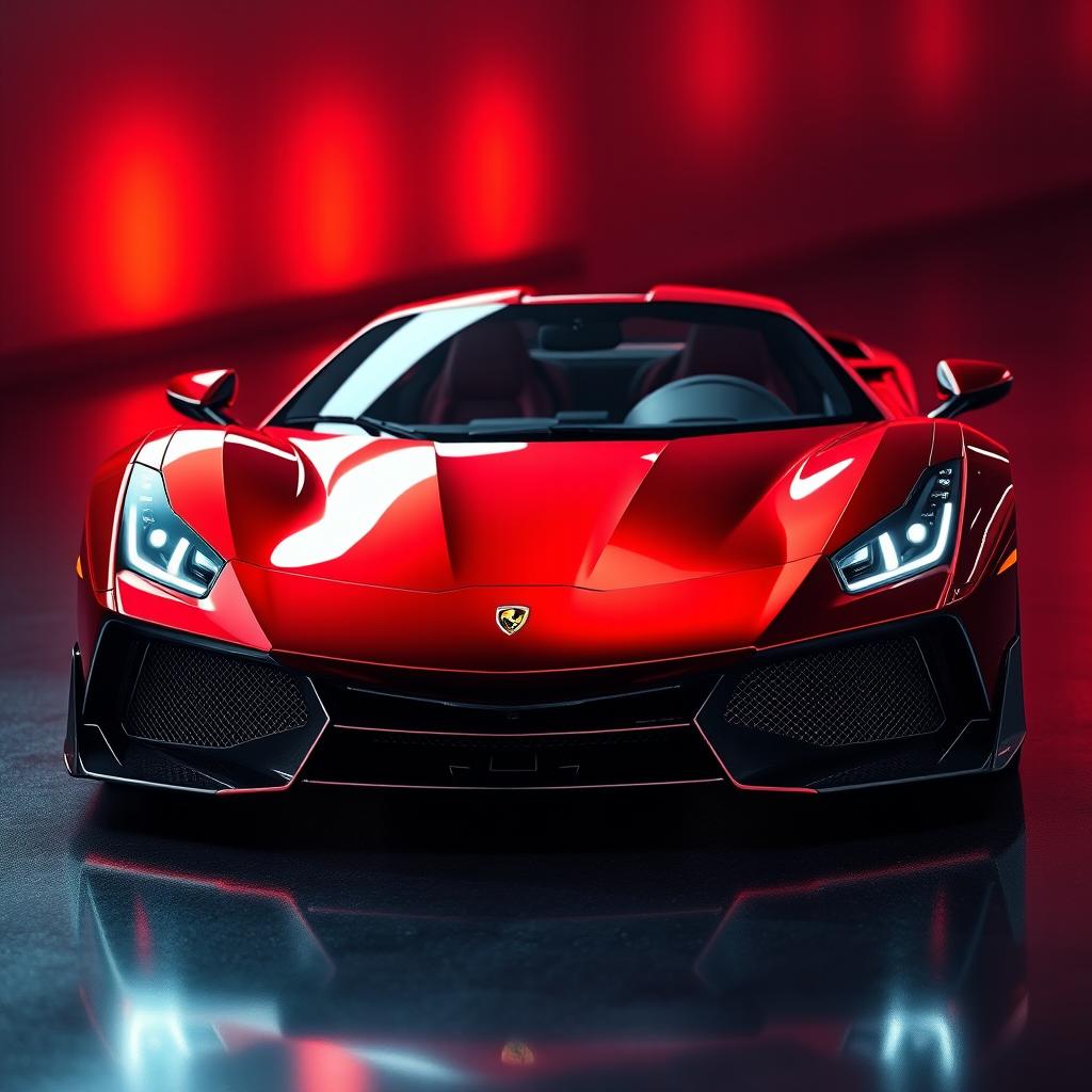 A hyper-realistic depiction of a sports car that merges the front design of a Ferrari with the rear of a Lamborghini, featuring a glossy metallic finish that enhances its luxurious appeal