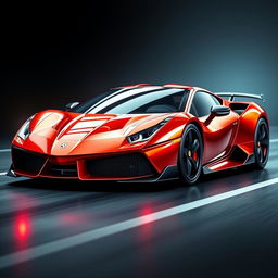 A hyper-realistic depiction of a sports car that merges the front design of a Ferrari with the rear of a Lamborghini, featuring a glossy metallic finish that enhances its luxurious appeal