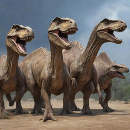 A spectacular sight of a dinosaur with seven heads, each bearing its unique characteristics but harmonizing together.