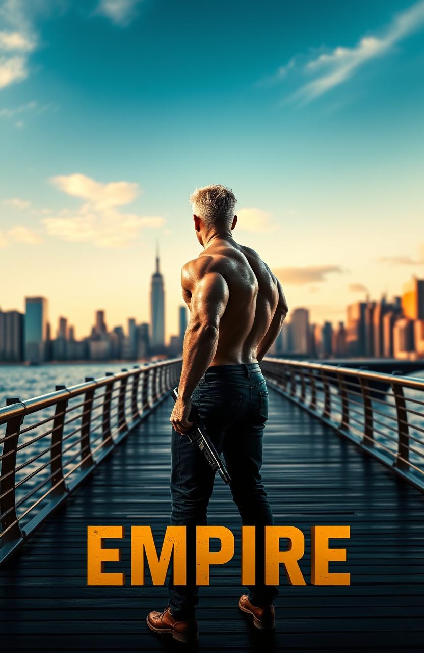 A scene of the New York pier with the city skyline in the background, featuring a muscular blonde man standing with his back to the viewer, holding a weapon