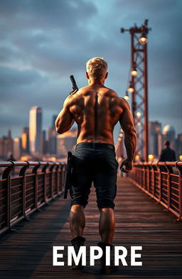 A scene of the New York pier with the city skyline in the background, featuring a muscular blonde man standing with his back to the viewer, holding a weapon