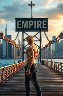 A scene of the New York pier with the city skyline in the background, featuring a muscular blonde man standing with his back to the viewer, holding a weapon