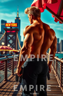 A scene of the New York pier with the city skyline in the background, featuring a muscular blonde man standing with his back to the viewer, holding a weapon