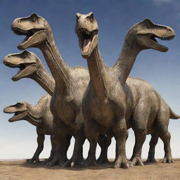 A spectacular sight of a dinosaur with seven heads, each bearing its unique characteristics but harmonizing together.