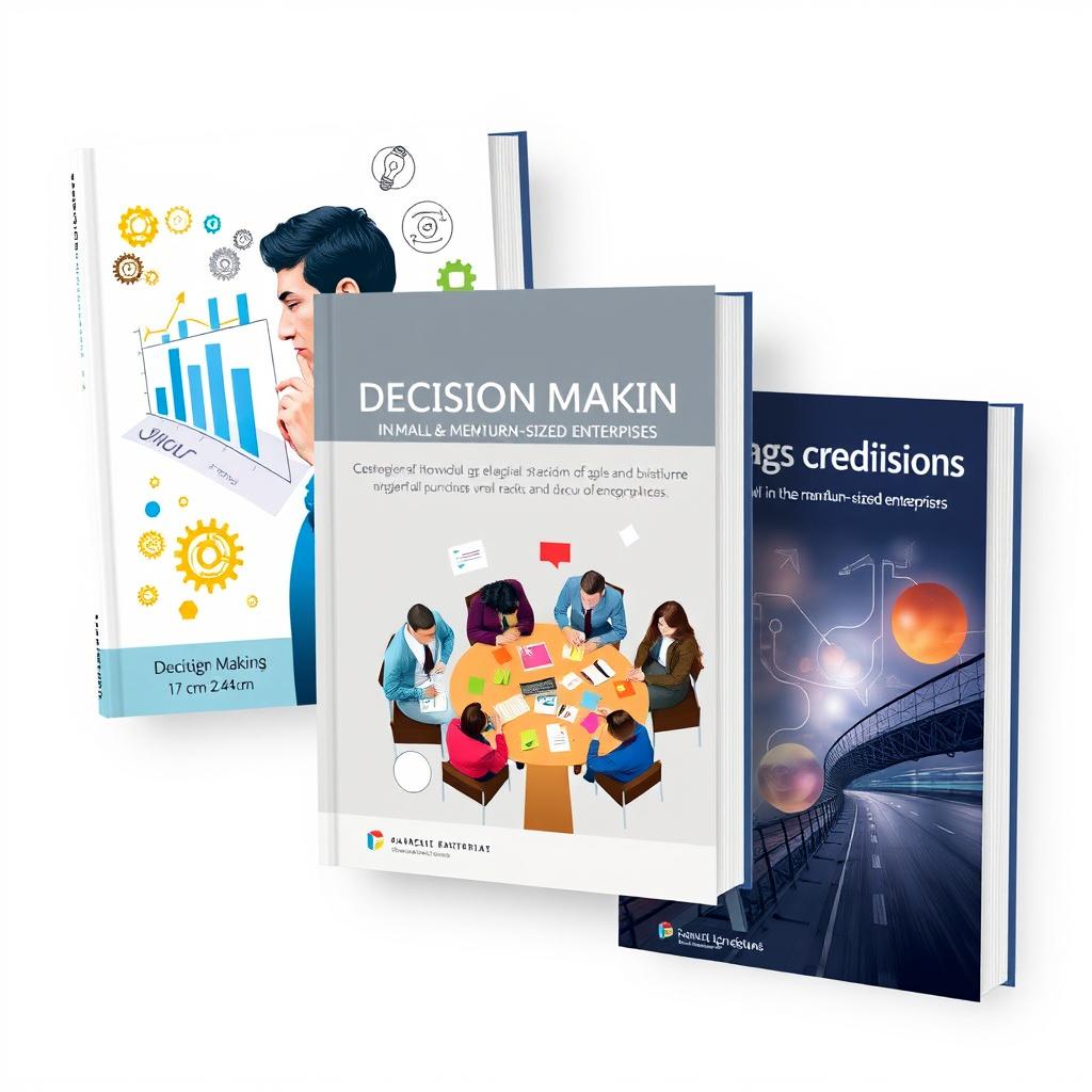 A series of elegantly designed book covers sized 17 cm by 24 cm, focused on the theme of decision-making in small and medium-sized enterprises (SMEs)