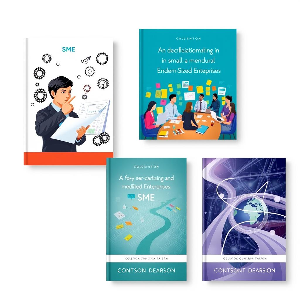 A series of elegantly designed book covers sized 17 cm by 24 cm, focused on the theme of decision-making in small and medium-sized enterprises (SMEs)