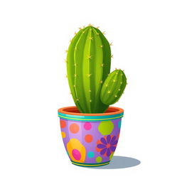 A vibrant 2D illustration of a cactus placed in a colorful planting pot, set against a clean white background