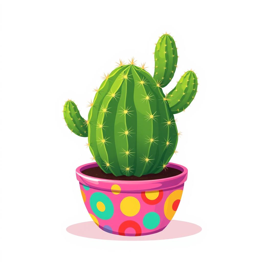 A vibrant 2D illustration of a cactus placed in a colorful planting pot, set against a clean white background