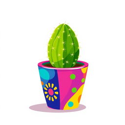 A vibrant 2D illustration of a cactus placed in a colorful planting pot, set against a clean white background