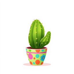 A vibrant 2D illustration of a cactus placed in a colorful planting pot, set against a clean white background