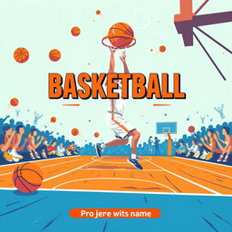 A vibrant basketball-themed cover for a project, featuring an artistic depiction of a basketball court with a player executing a powerful slam dunk