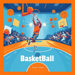 A vibrant basketball-themed cover for a project, featuring an artistic depiction of a basketball court with a player executing a powerful slam dunk