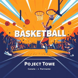 A vibrant basketball-themed cover for a project, featuring an artistic depiction of a basketball court with a player executing a powerful slam dunk