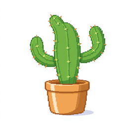 A charming 2D pixel art illustration of a cactus in a brown planting pot, set against a pure white background