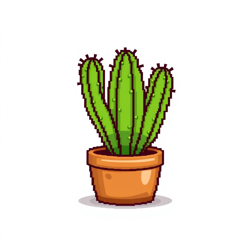 A charming 2D pixel art illustration of a cactus in a brown planting pot, set against a pure white background