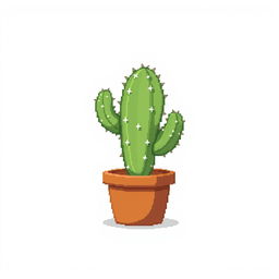 A charming 2D pixel art illustration of a cactus in a brown planting pot, set against a pure white background