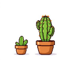 A charming 2D pixel art illustration of a cactus in a brown planting pot, set against a pure white background